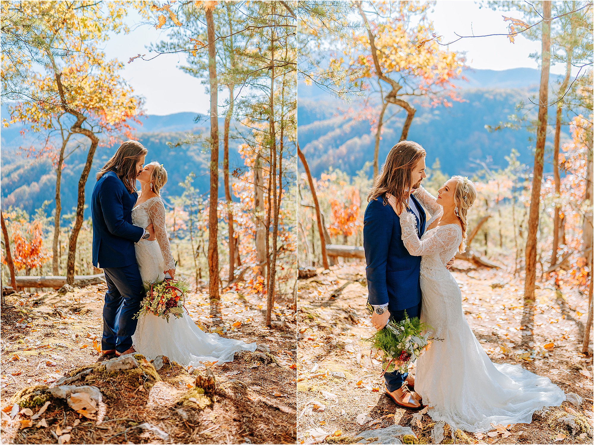 bride and groom kissing in forest on mountainside