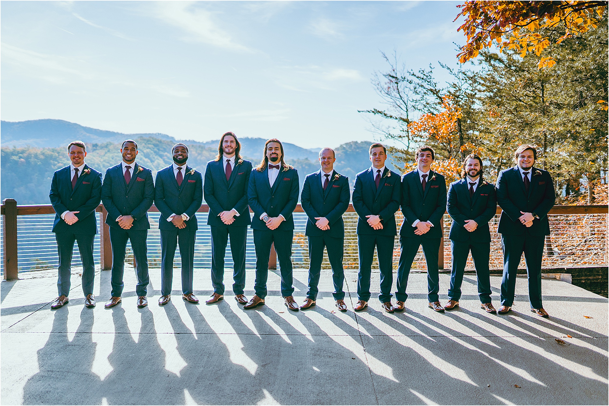 bridal party in burgundy and navy colors