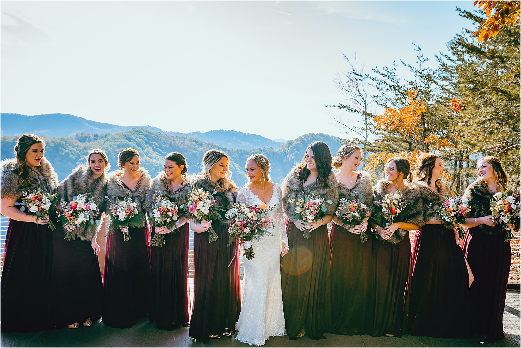 bridal party in burgundy and navy colors