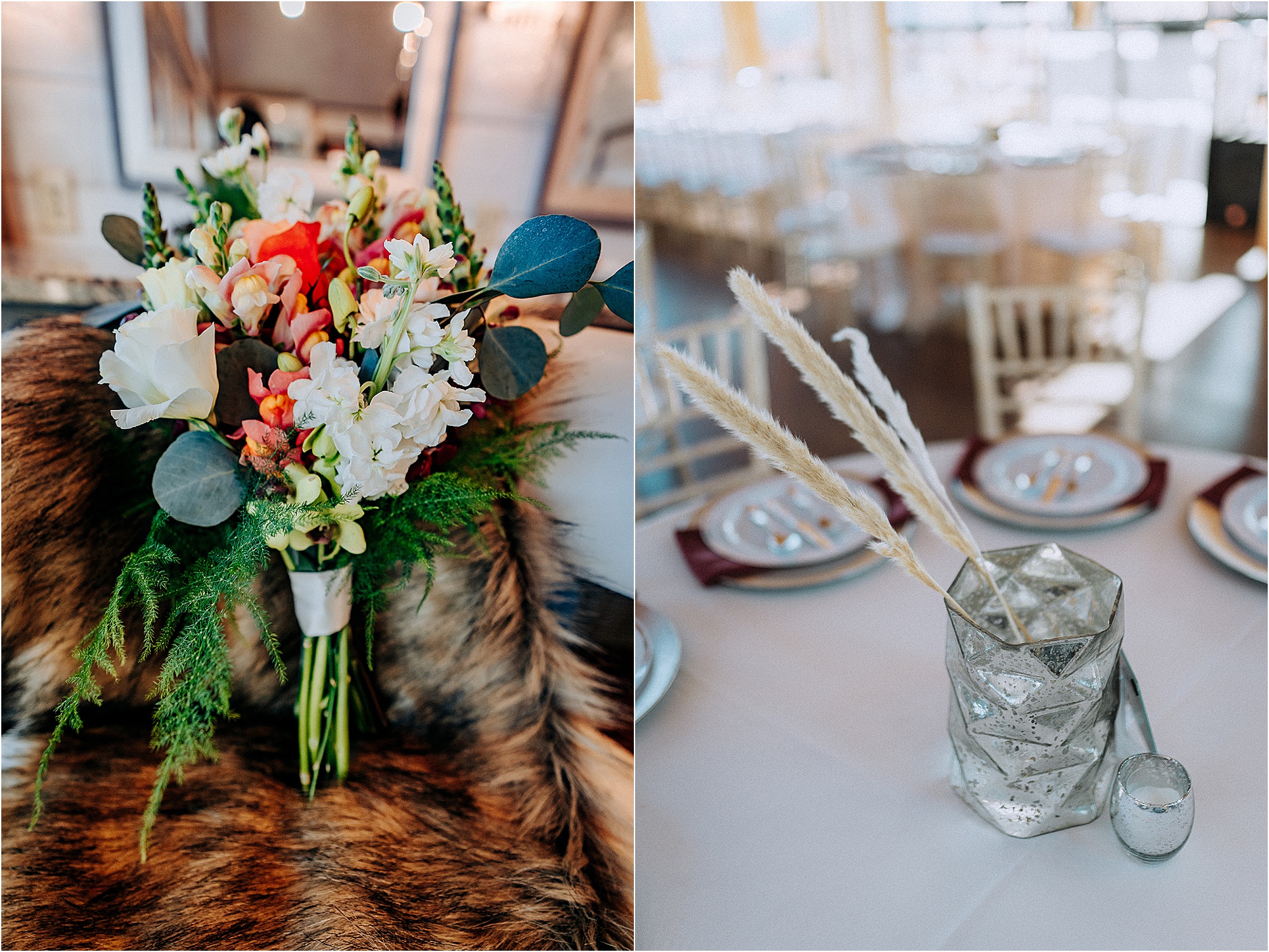 table decor at burgundy and navy fall wedding