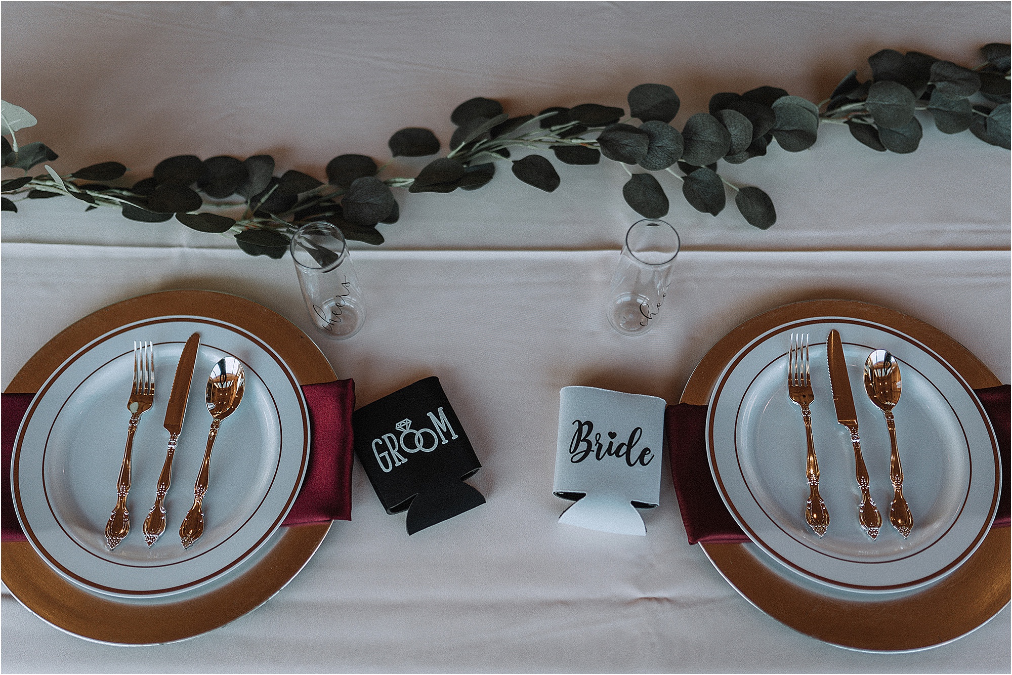 table decor at burgundy and navy fall wedding