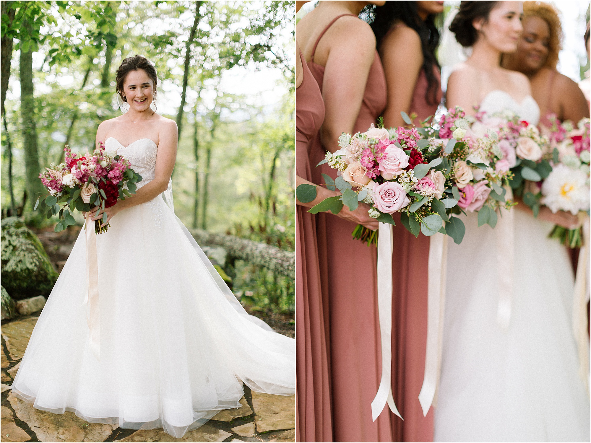 bridal portraits with pink and blush pink flowers