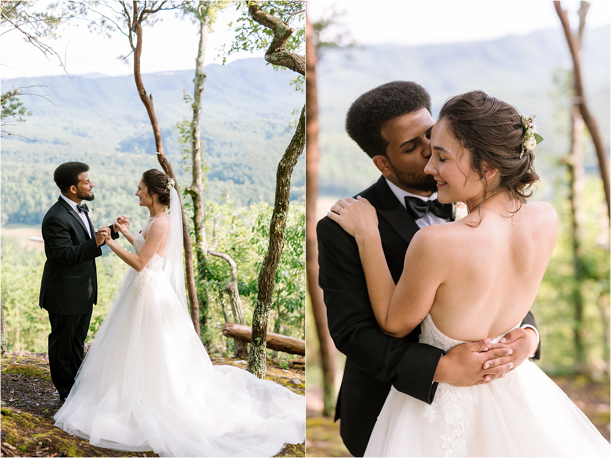 bride and groom kiss on mountaintop