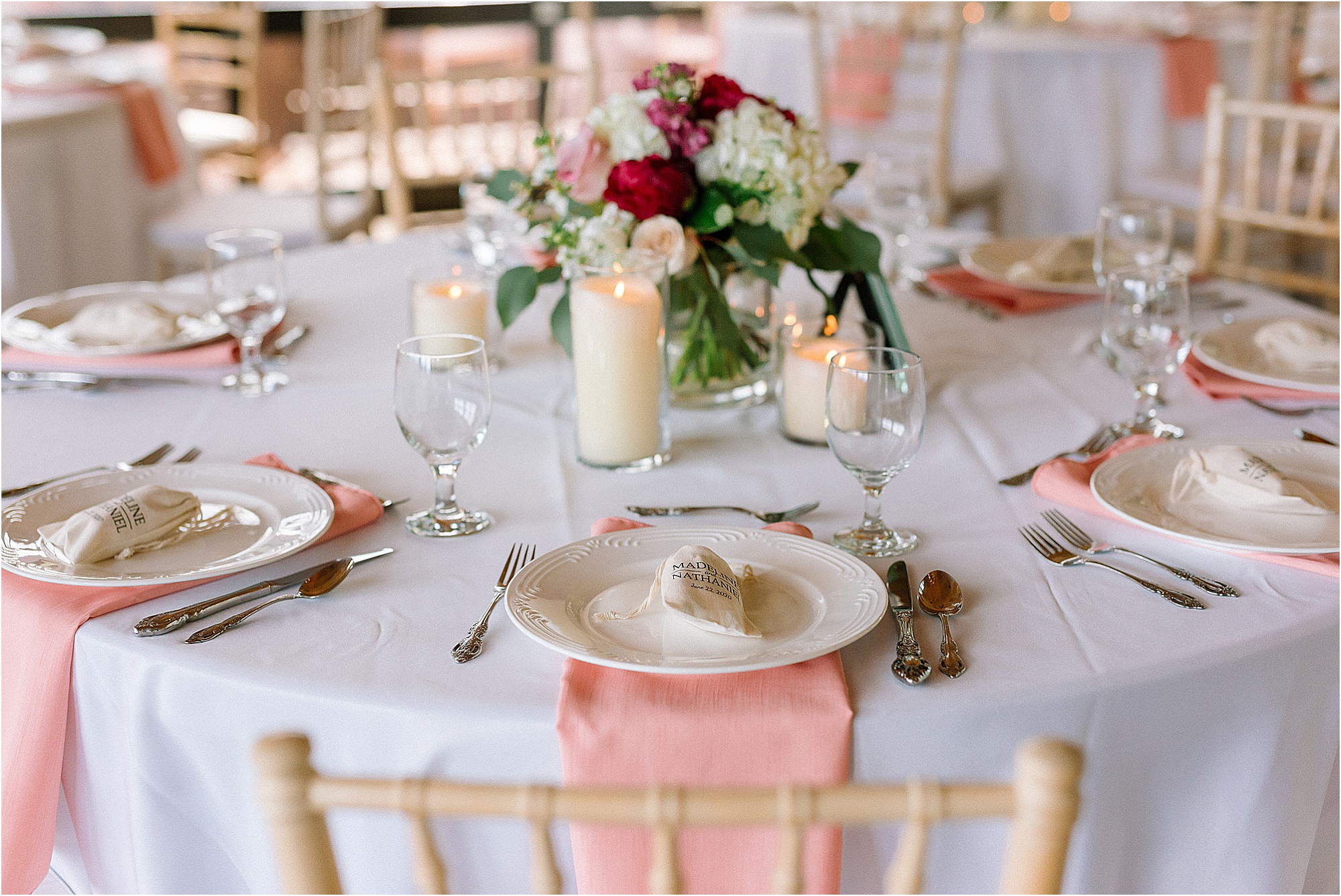 pink wedding table decor at wedding reception at mountaintop affair