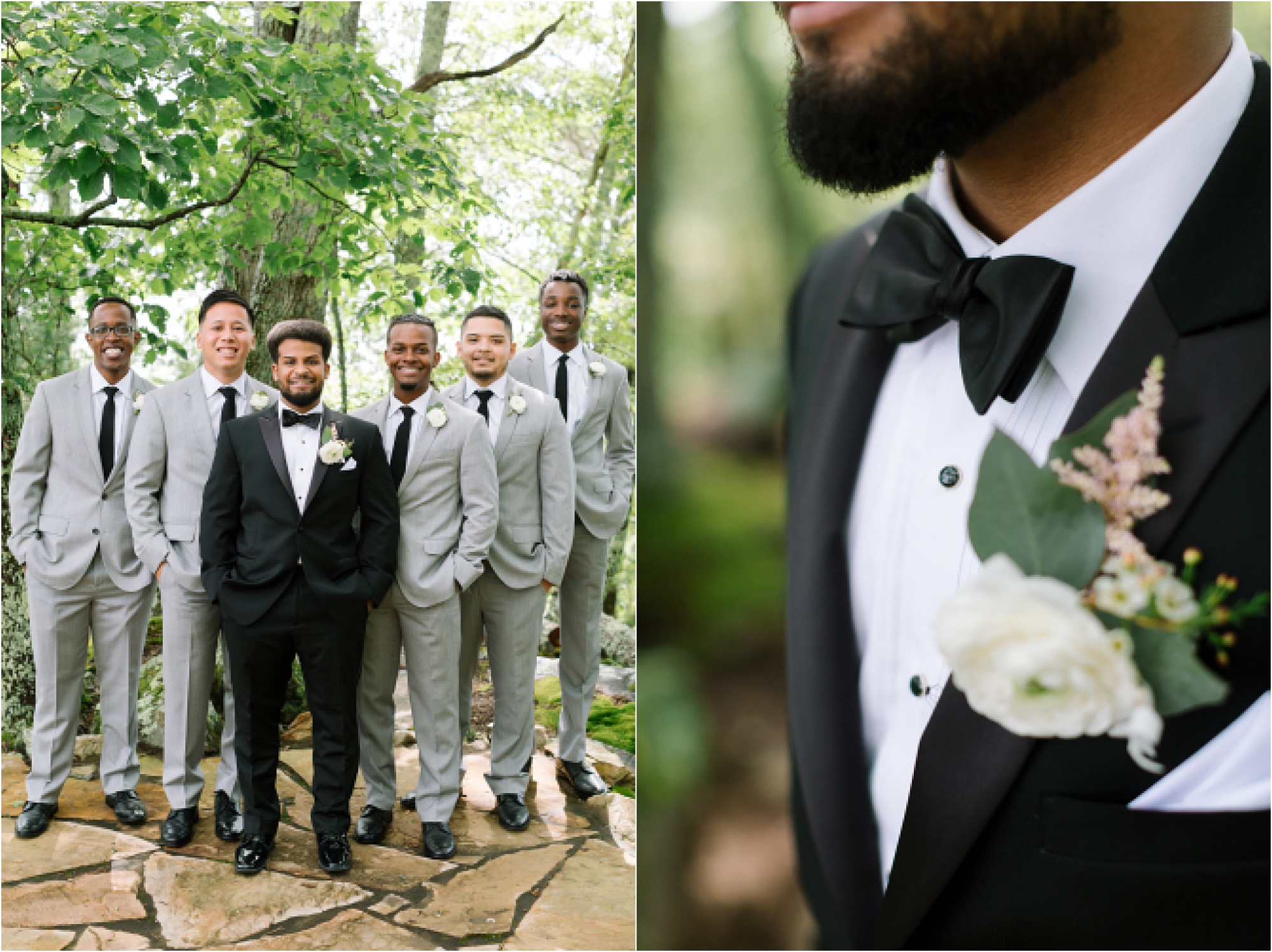 groom in black suit with groomsmen in gray suits