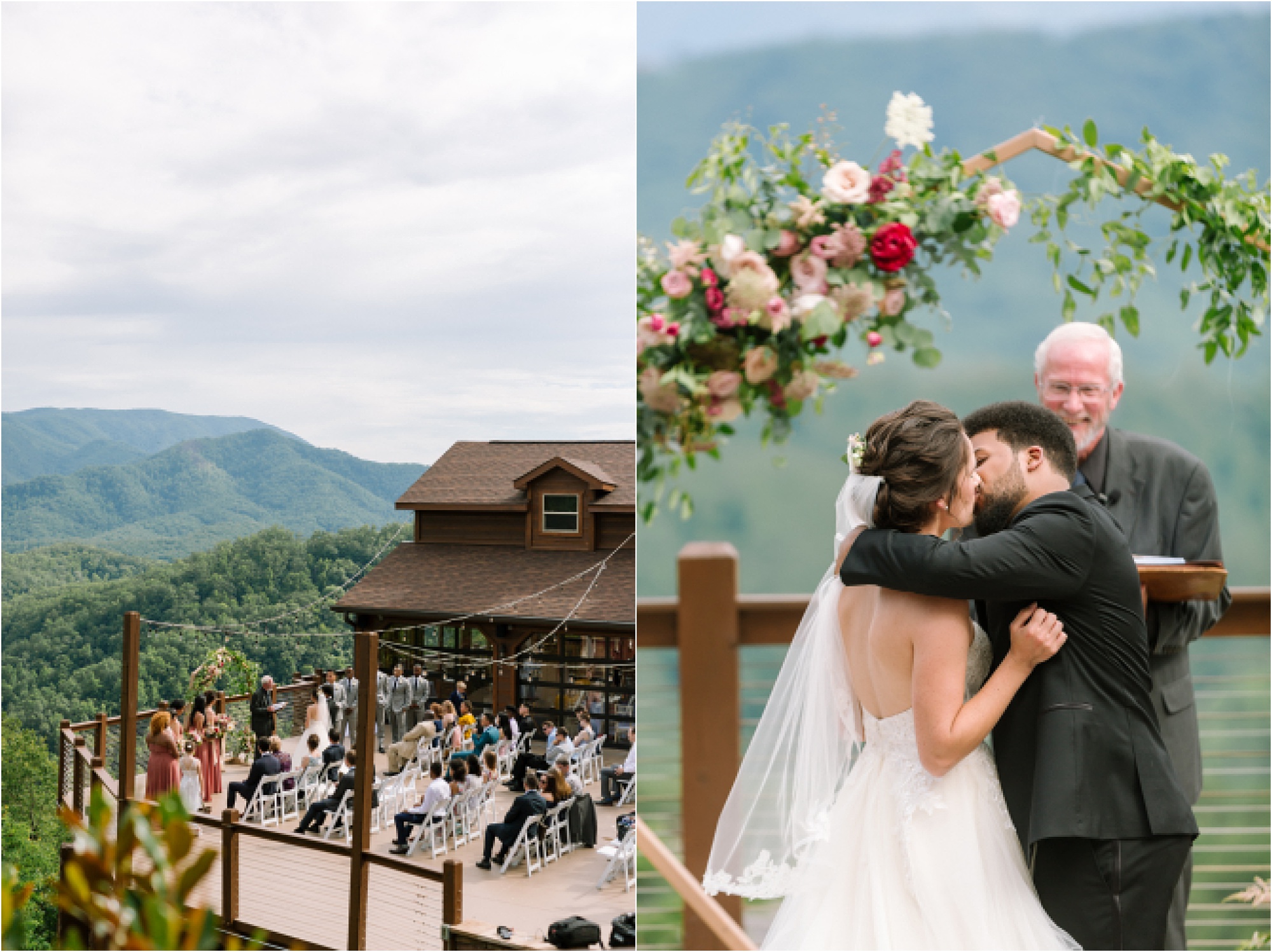 bride and groom kiss at mountaintop wedding affair in Pigeon Forge, Tennessee