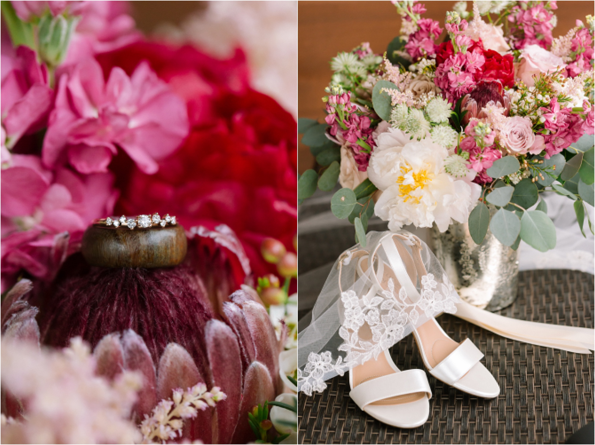 bright pink wedding flowers and bridal details