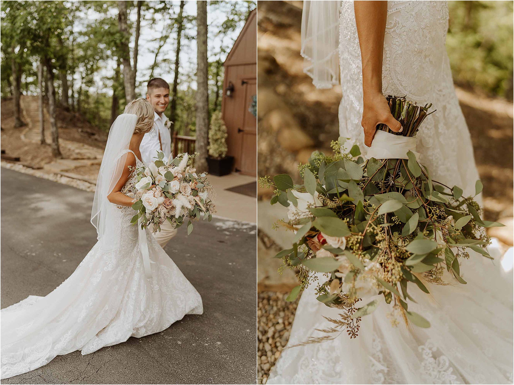 bride and groom walk down wedding aisle at summer wedding