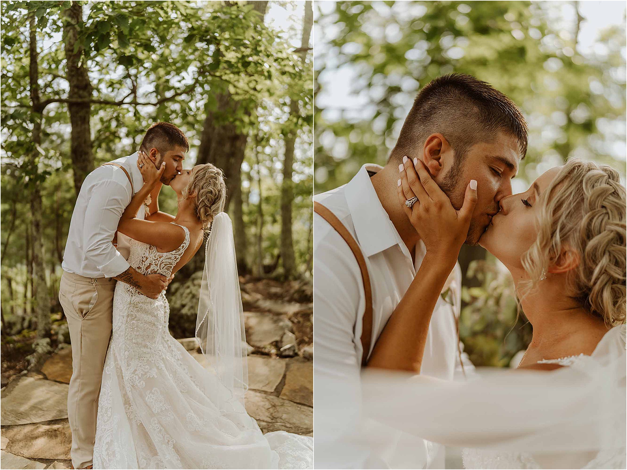 bride and groom kissing in forest at summer wedding