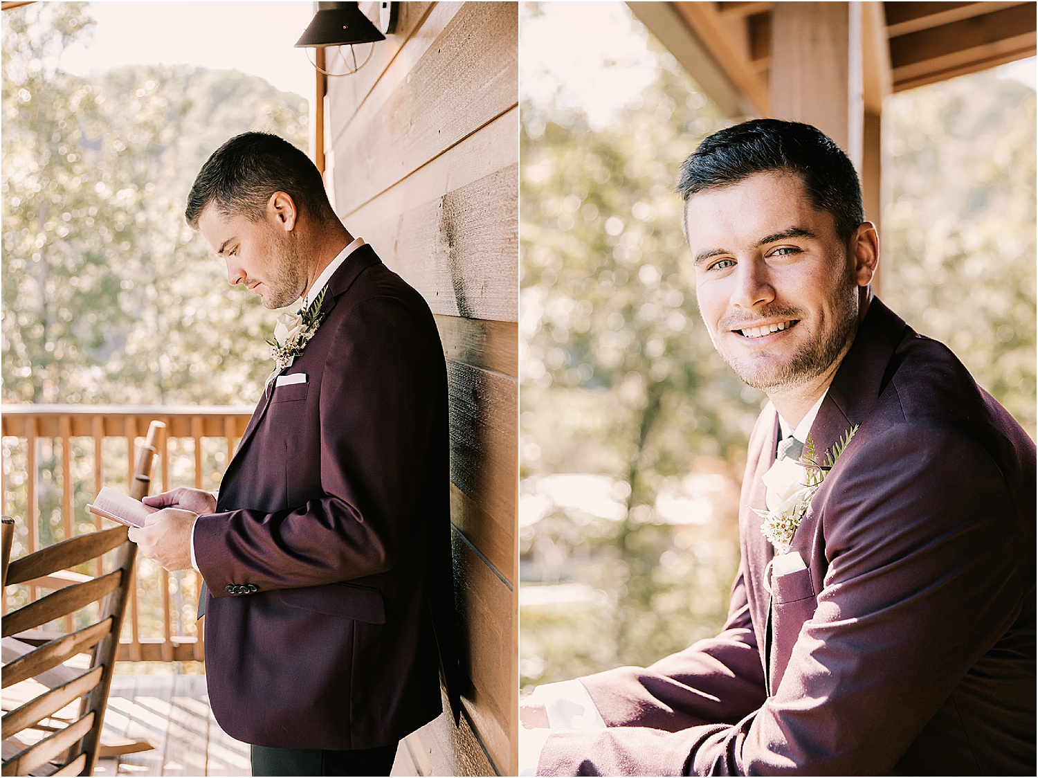 groom portraits on mountain balcony