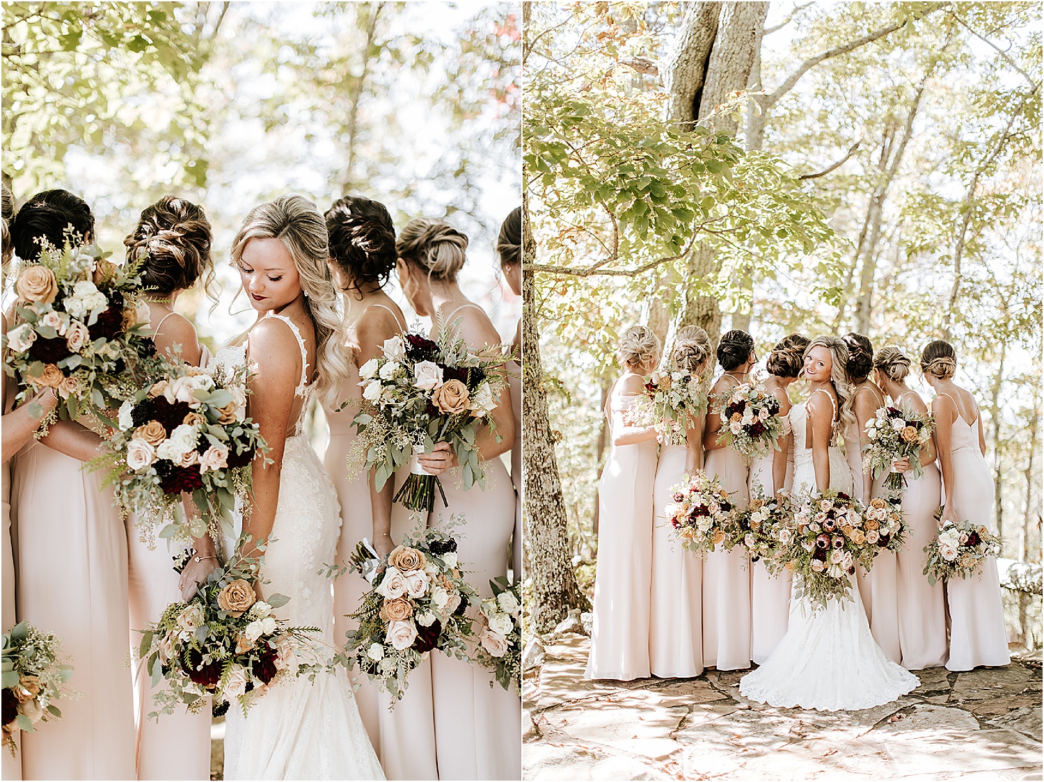 bride and bridesmaid photos in the forest