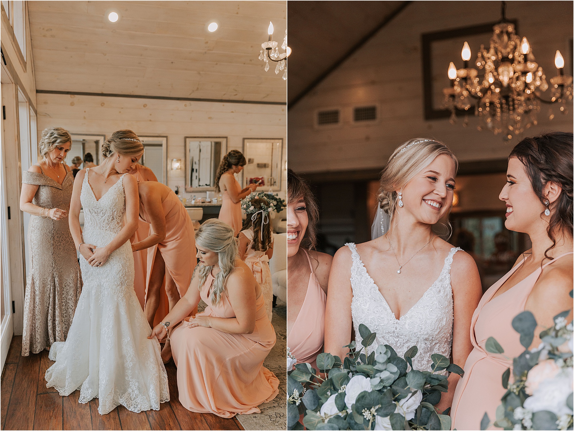 bride getting into dress with bridesmaids