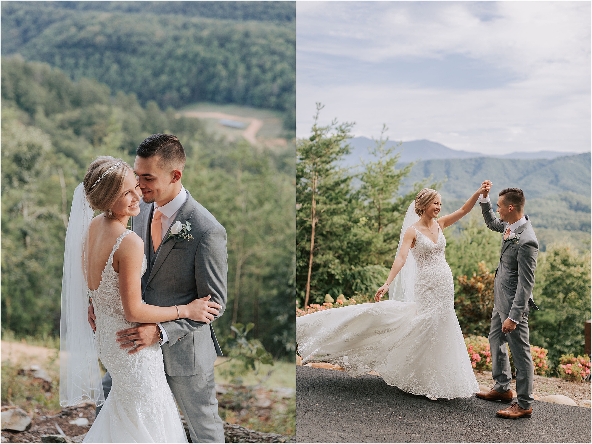 groom and bride kiss and dance at mountain wedding