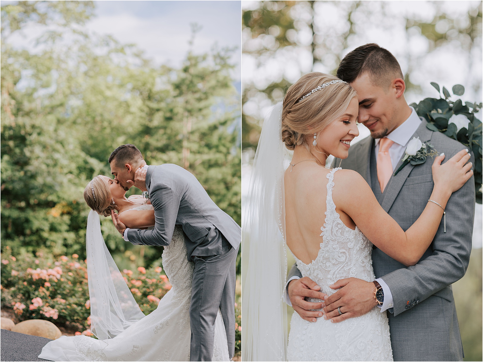 groom dips back bride and kisses her