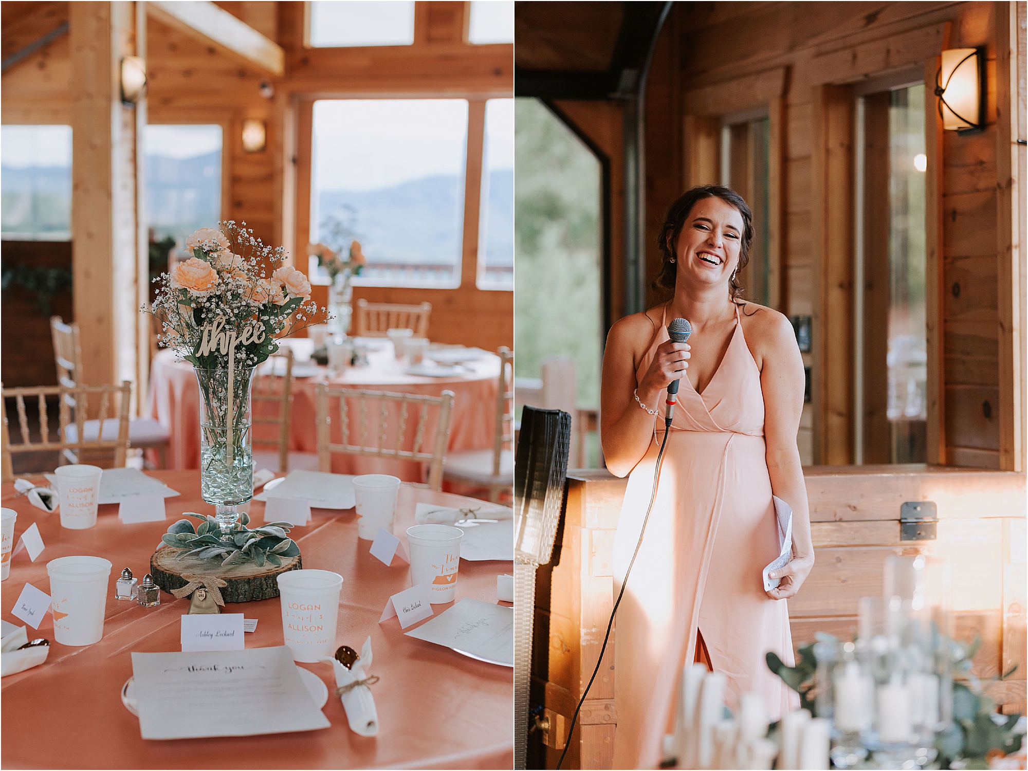 bridesmaid in peach dress gives toast