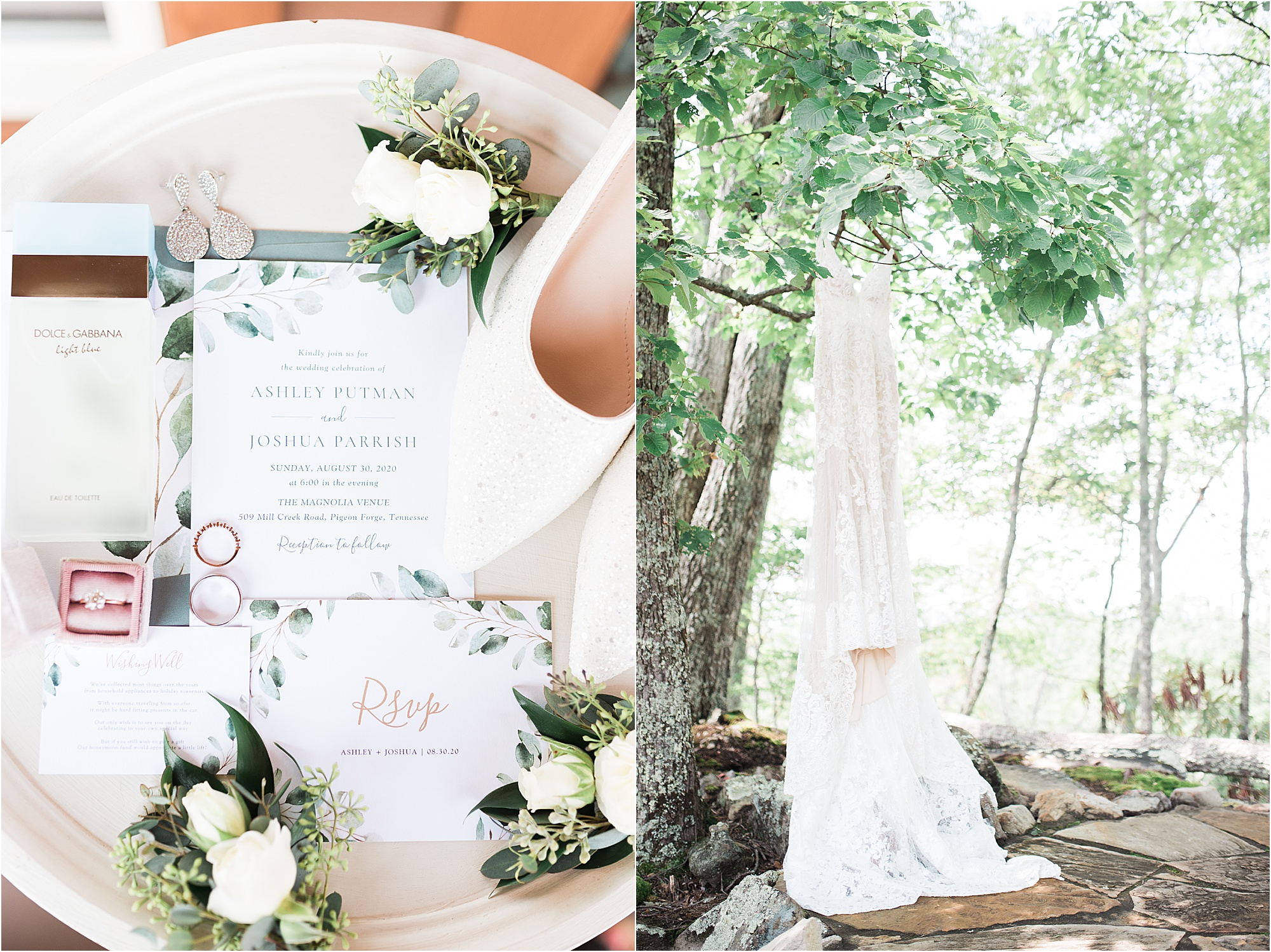 wedding invitations, rings, and wedding dress detail photos
