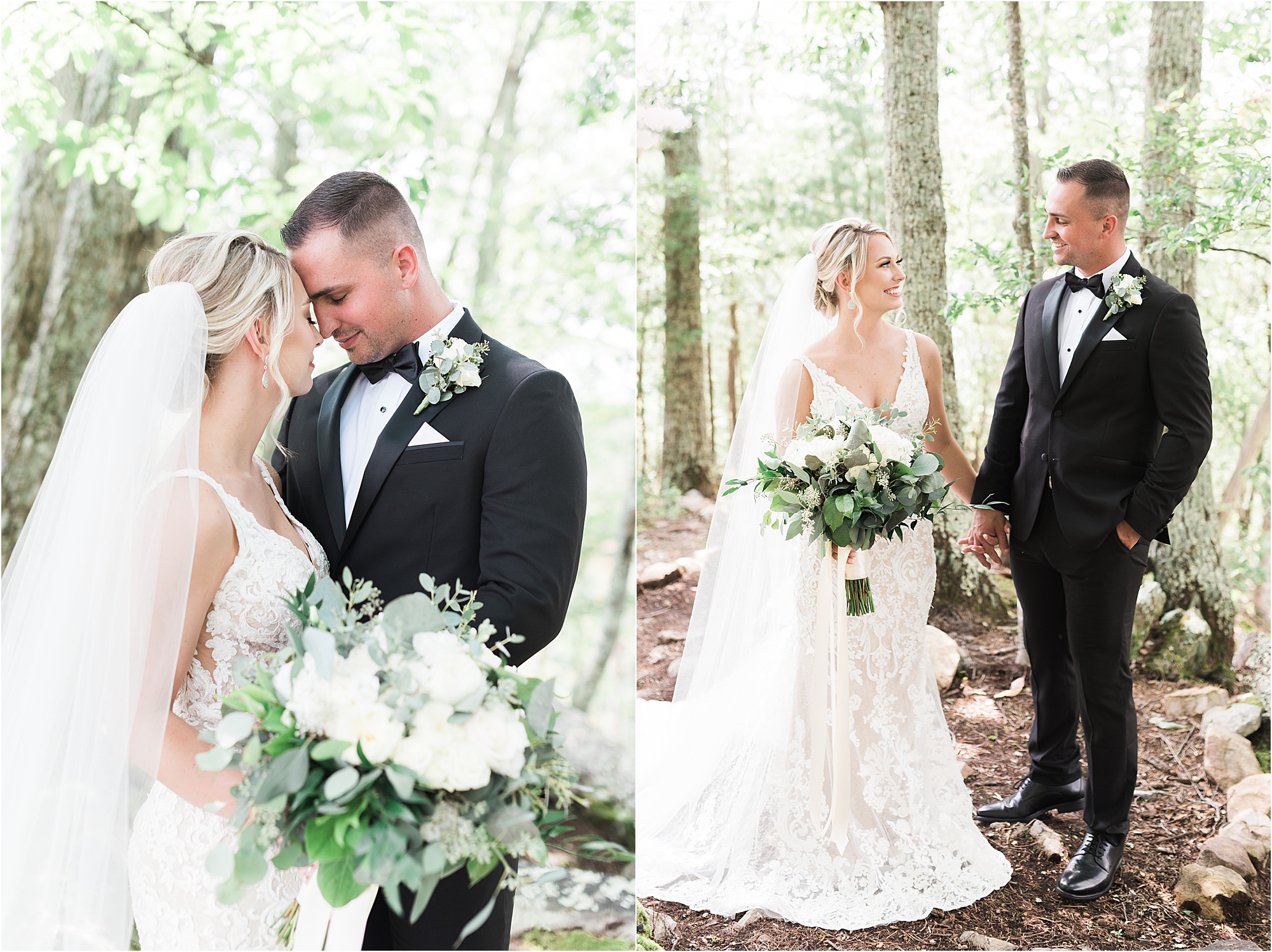 bride and groom walk in woods