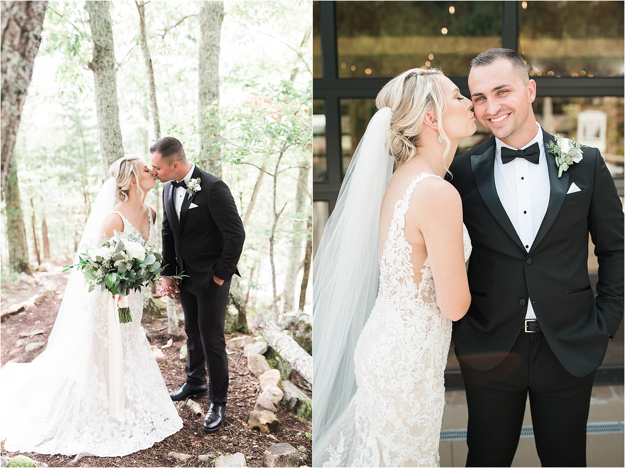 bride and groom walk and kiss at The Magnolia venue