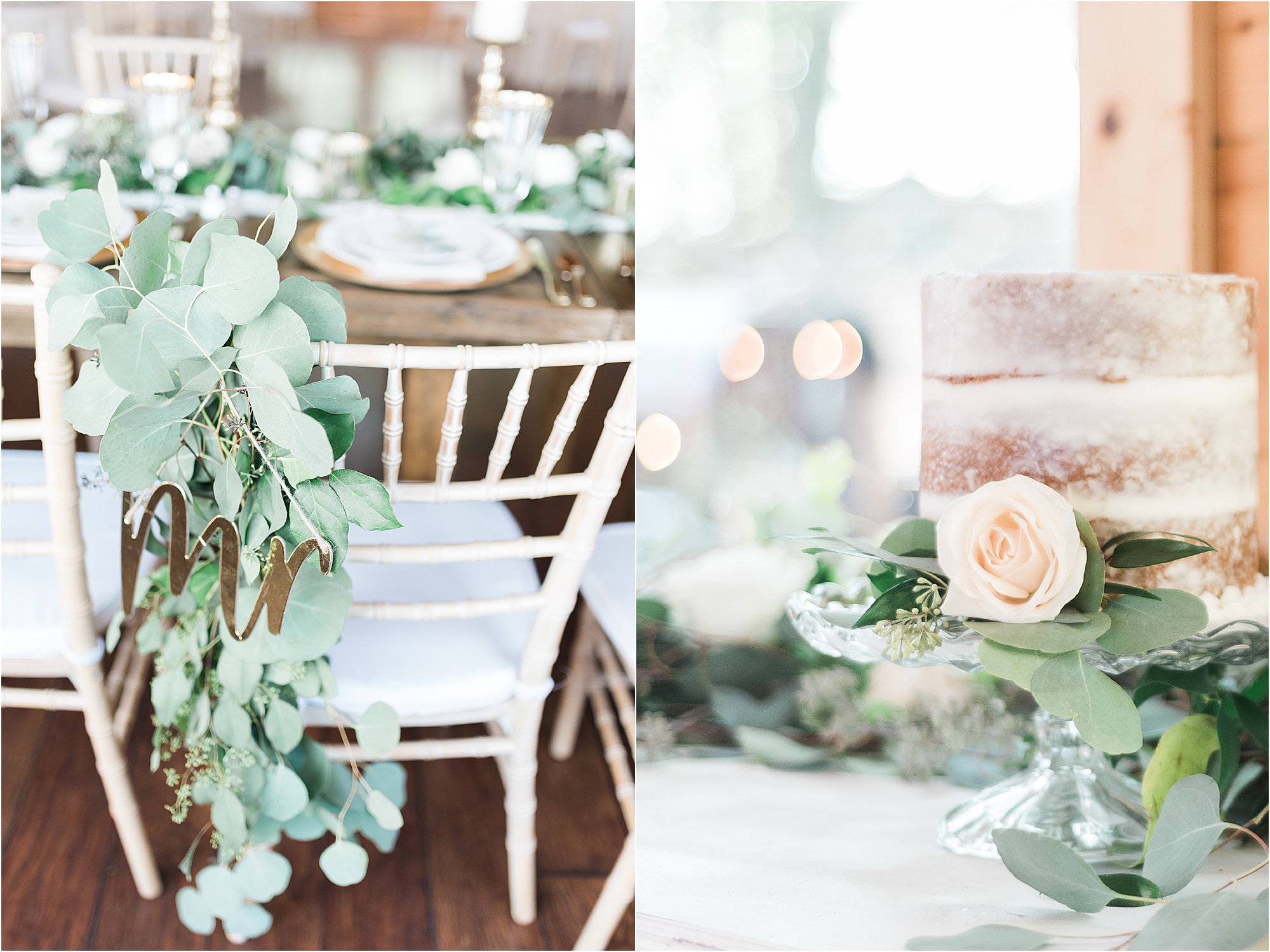 greenery on wedding chairs and around naked wedding cake