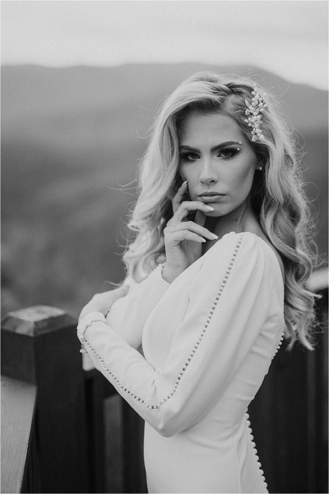 black and white bridal portrait at glamorous wedding