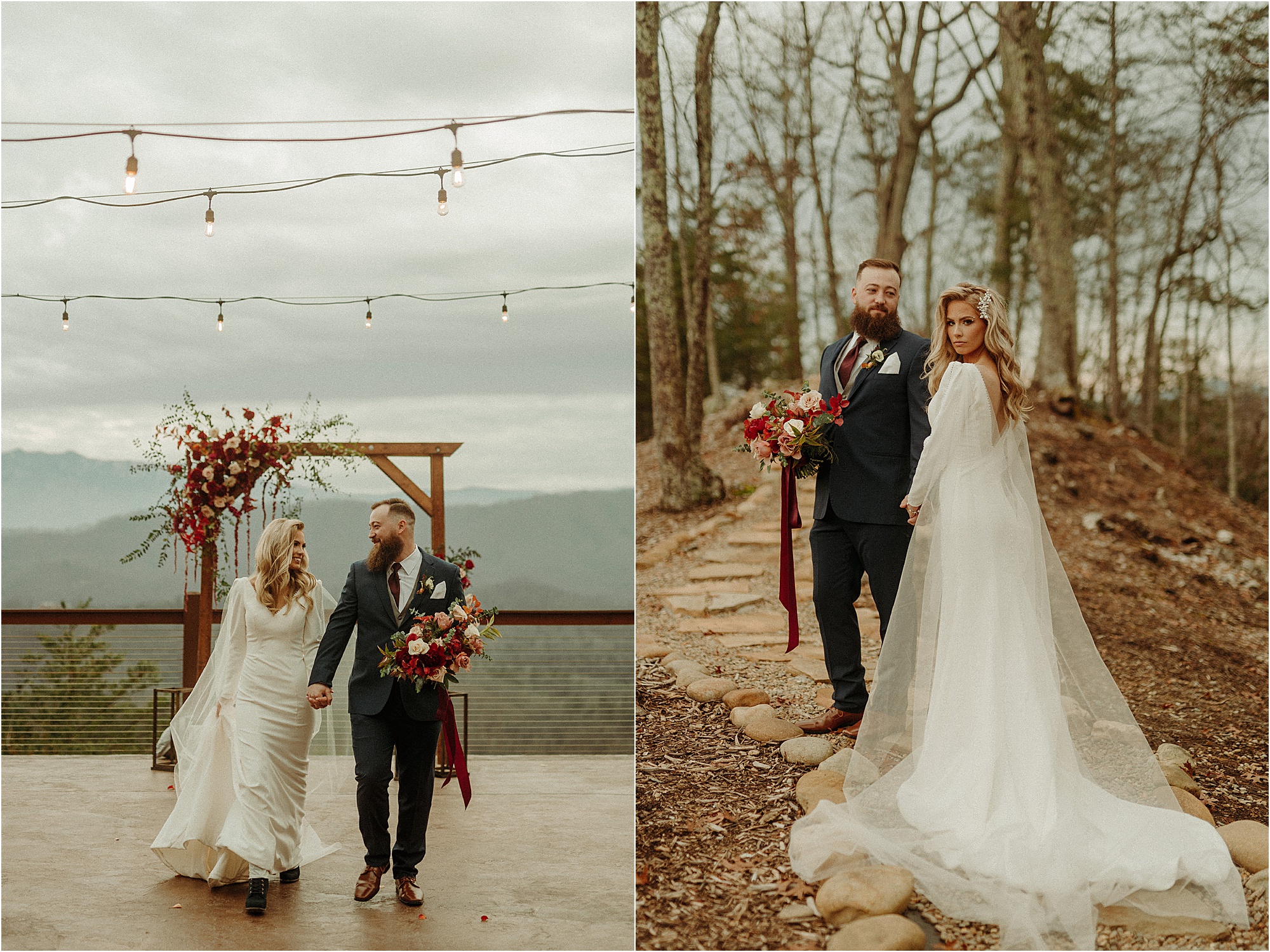 man and woman walking in wedding attire in forest