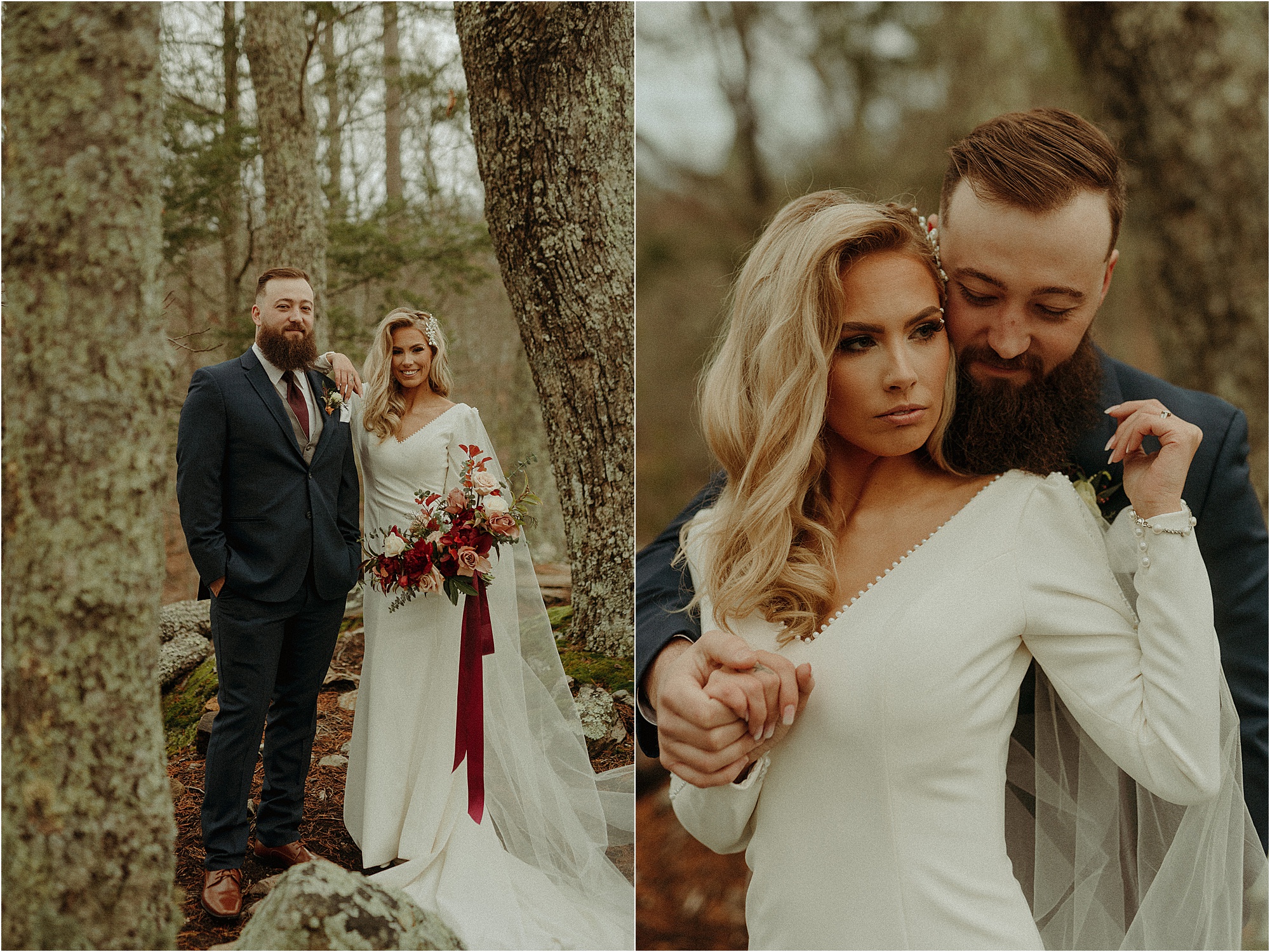 wedding couple photos in woods at glamorous wedding