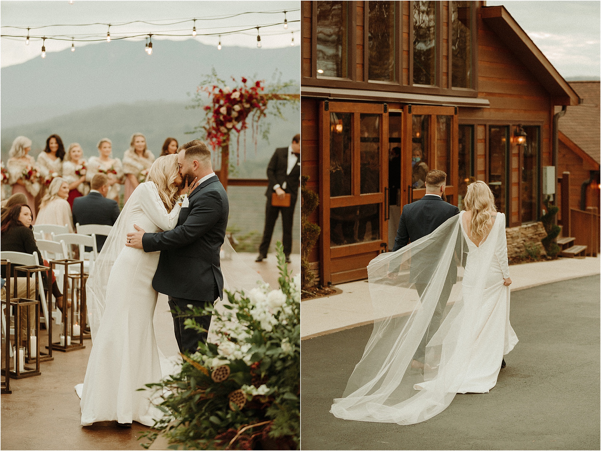 bride and groom kiss at wedding and walk down the aisle