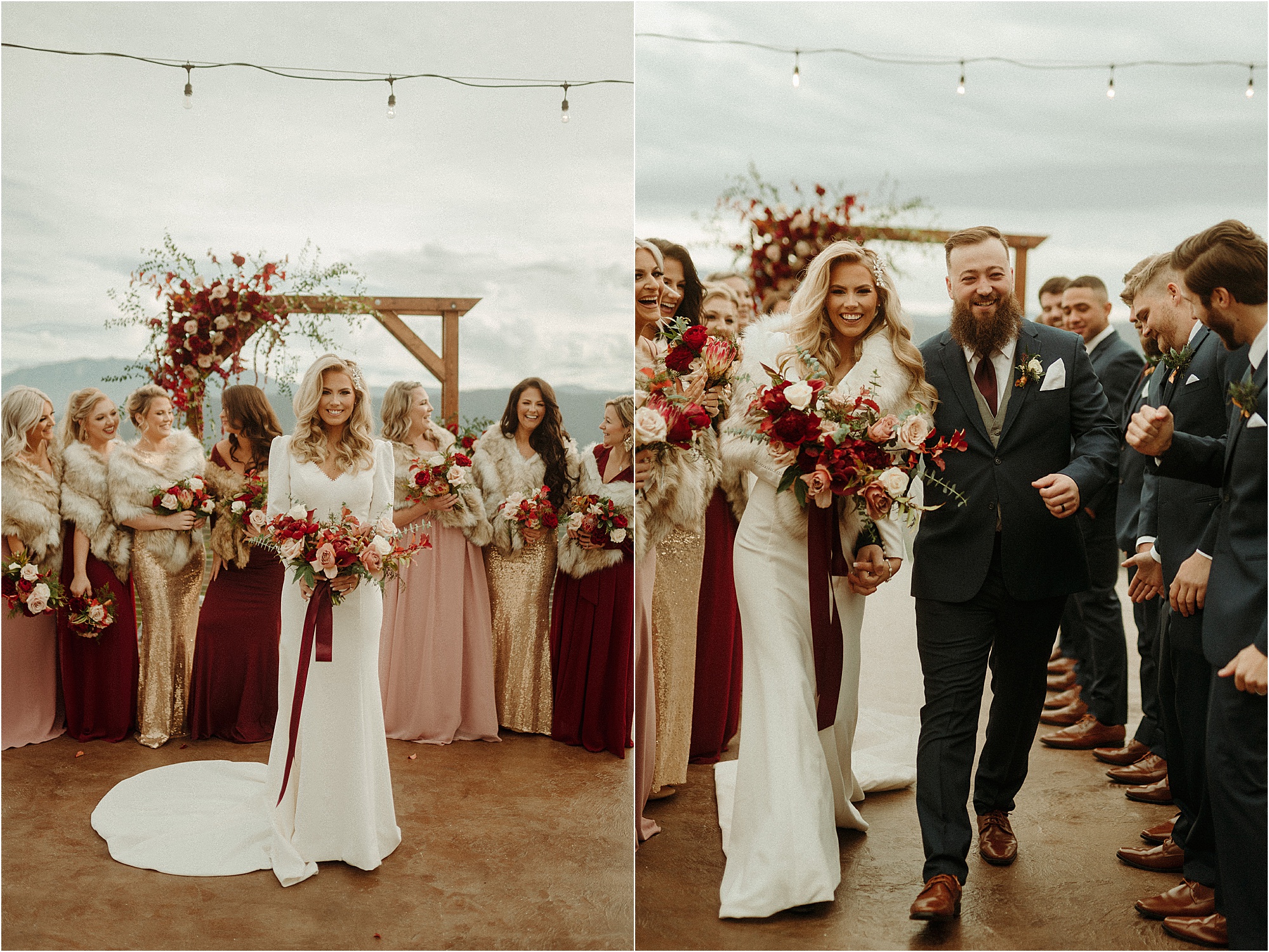 bride and groom walking through tunnel made of bridal party