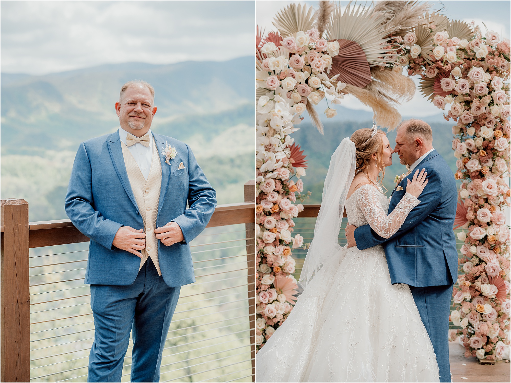 whimsical wedding photos under floral arbor