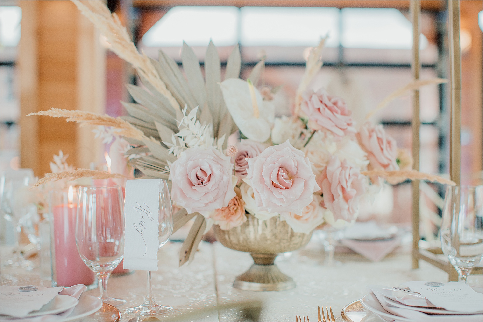 white and blush pink wedding reception centerpieces