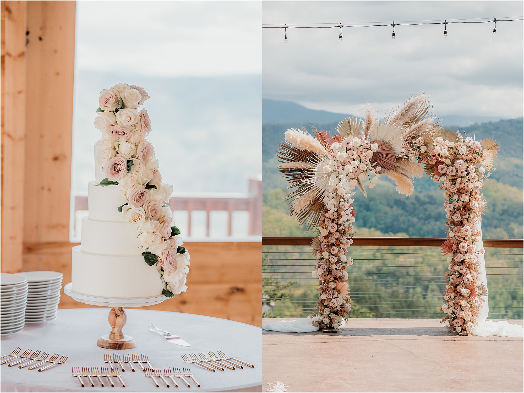 floral wedding cake and dried floral wedding arbor