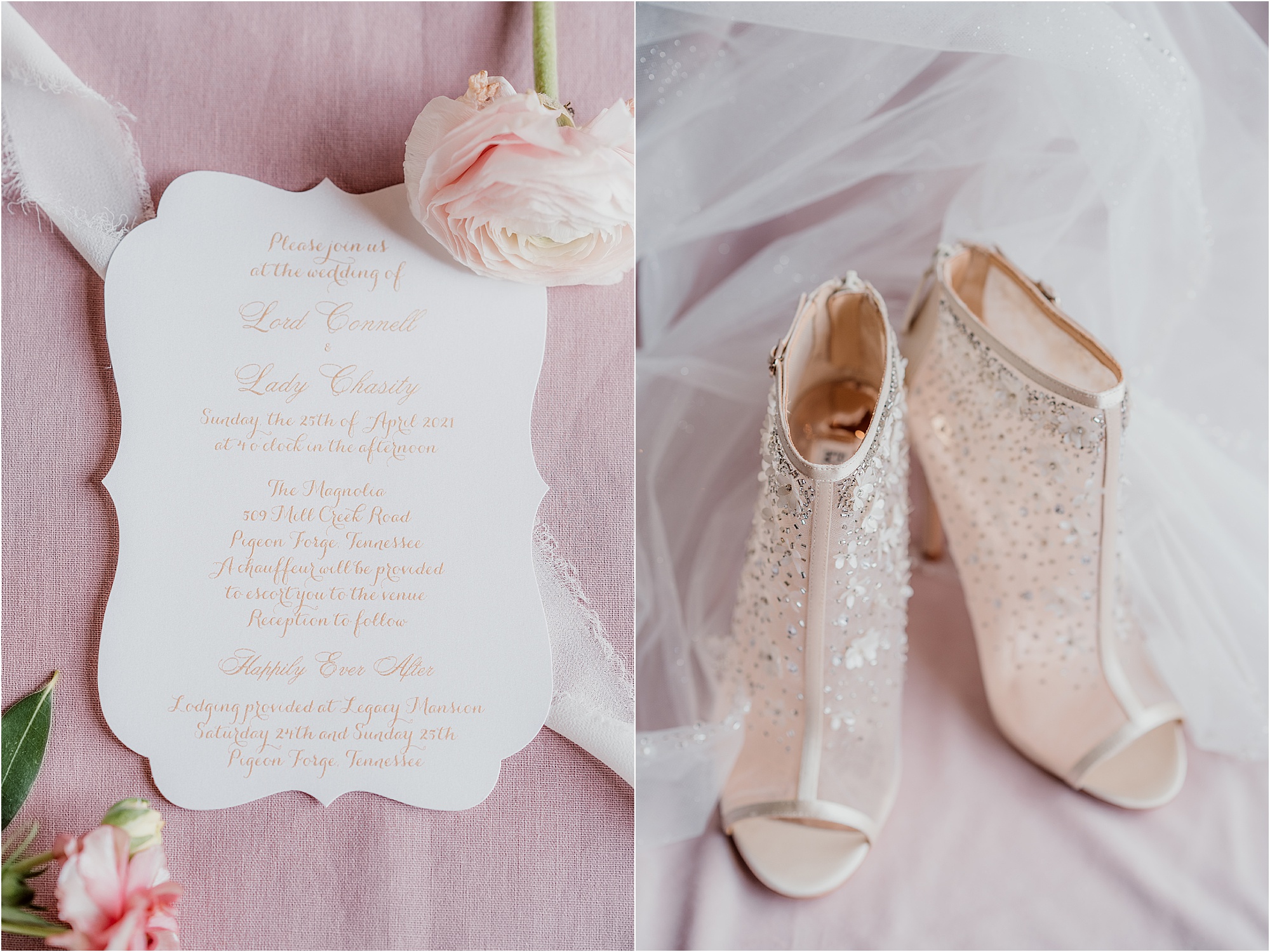 blush pink invitations with delicate pink wedding shoes