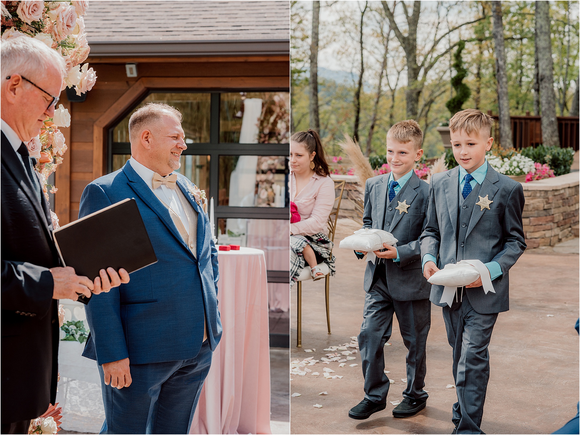 groom watching ring bearers walk down aisle