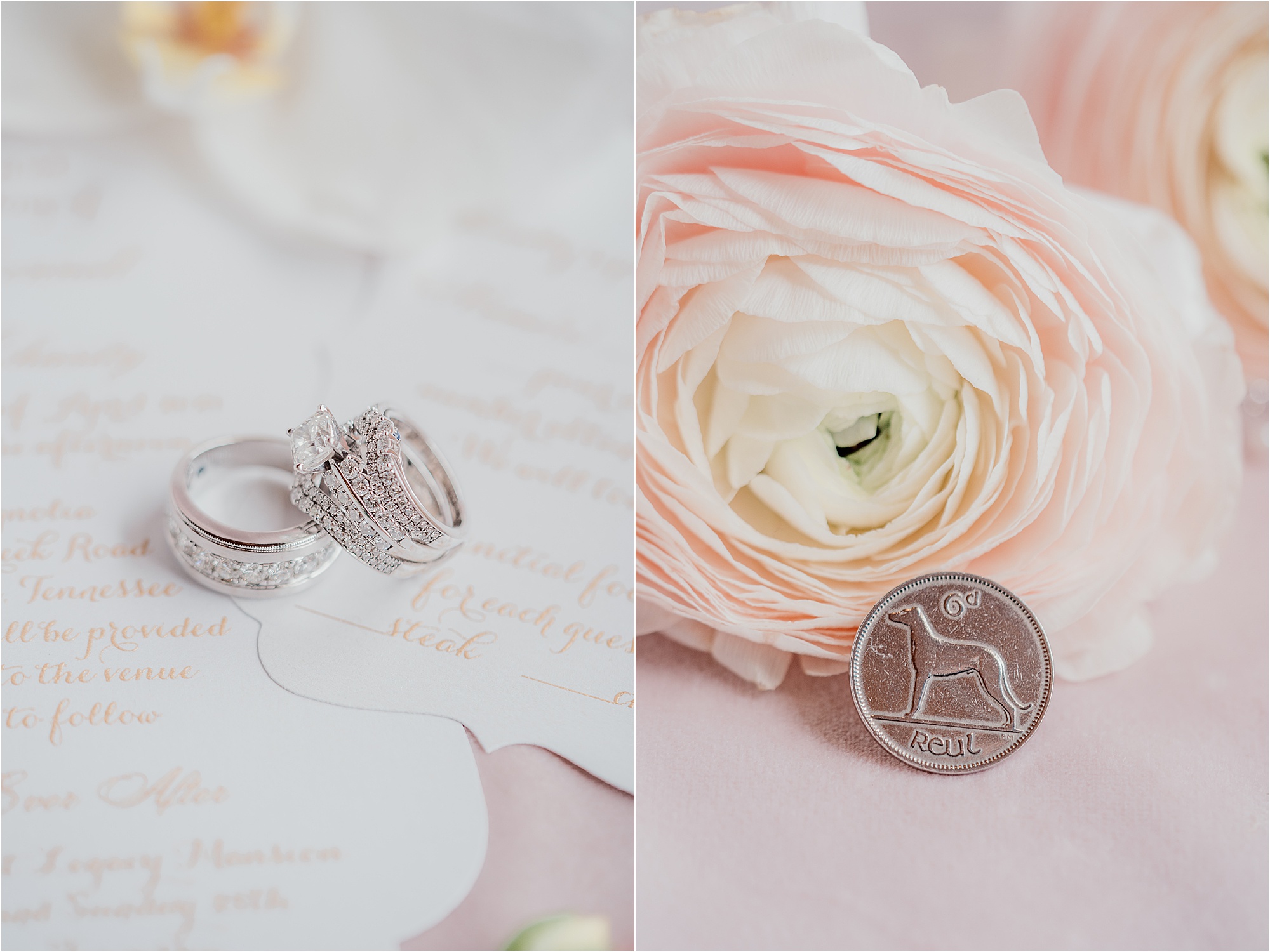 large wedding rings next to six pence on wedding day