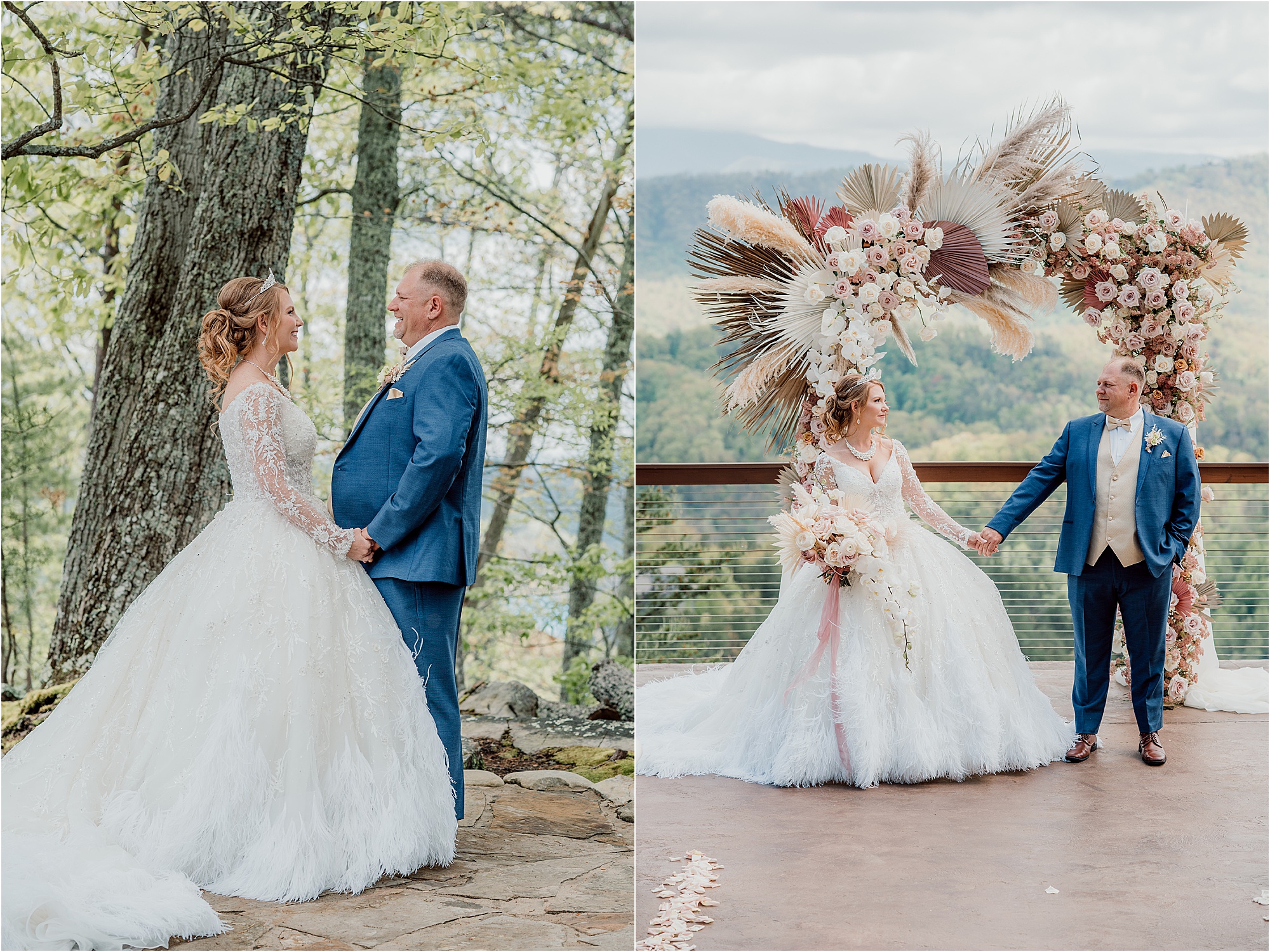 bride and groom photos under large floral arbor