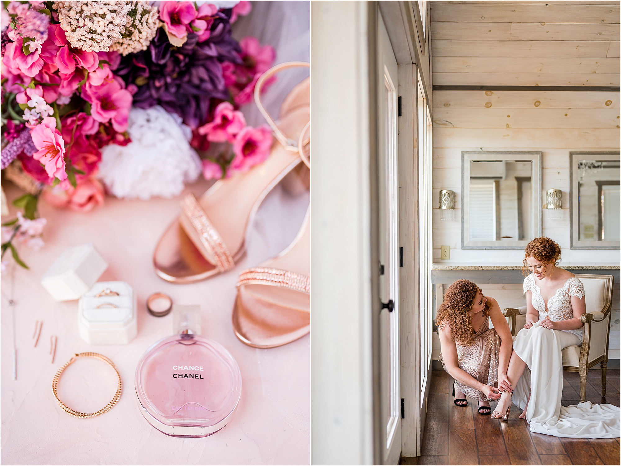 bride getting ready with sister in bridal suite