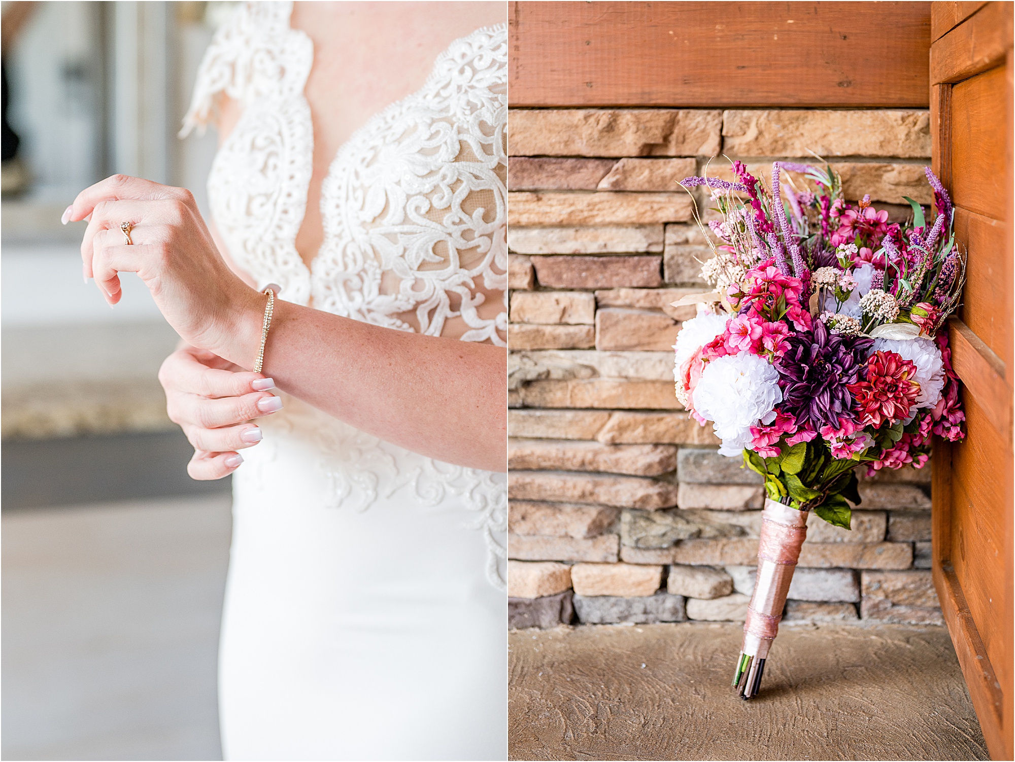 bridal details and bright pink wedding bouquet