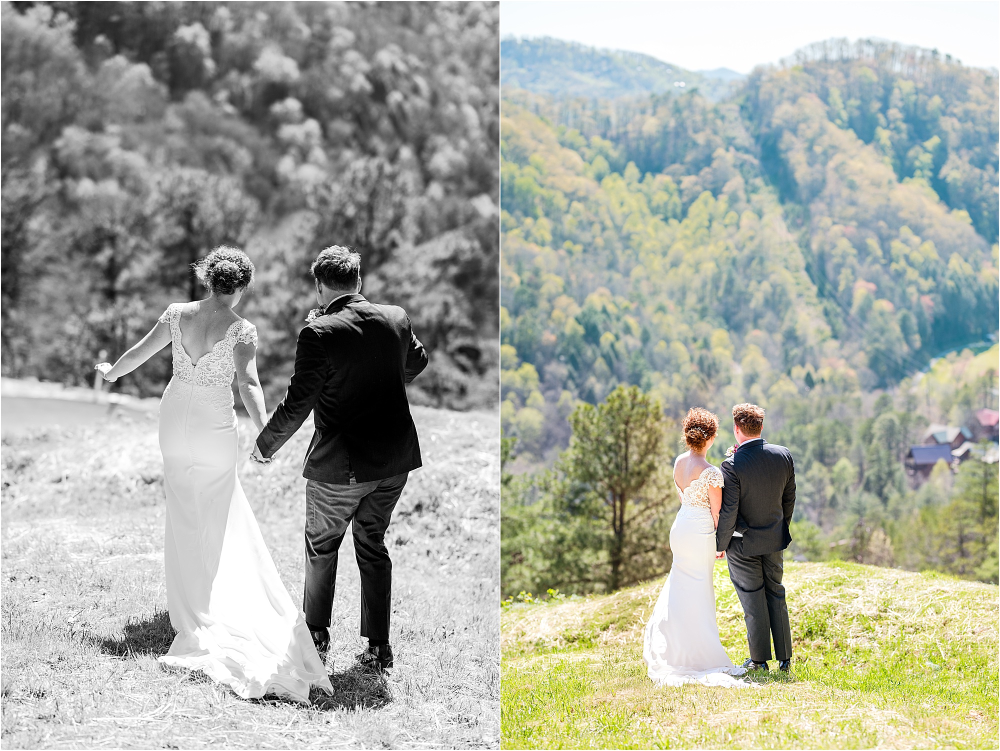 bride and groom in wedding attire overlooking the mountains