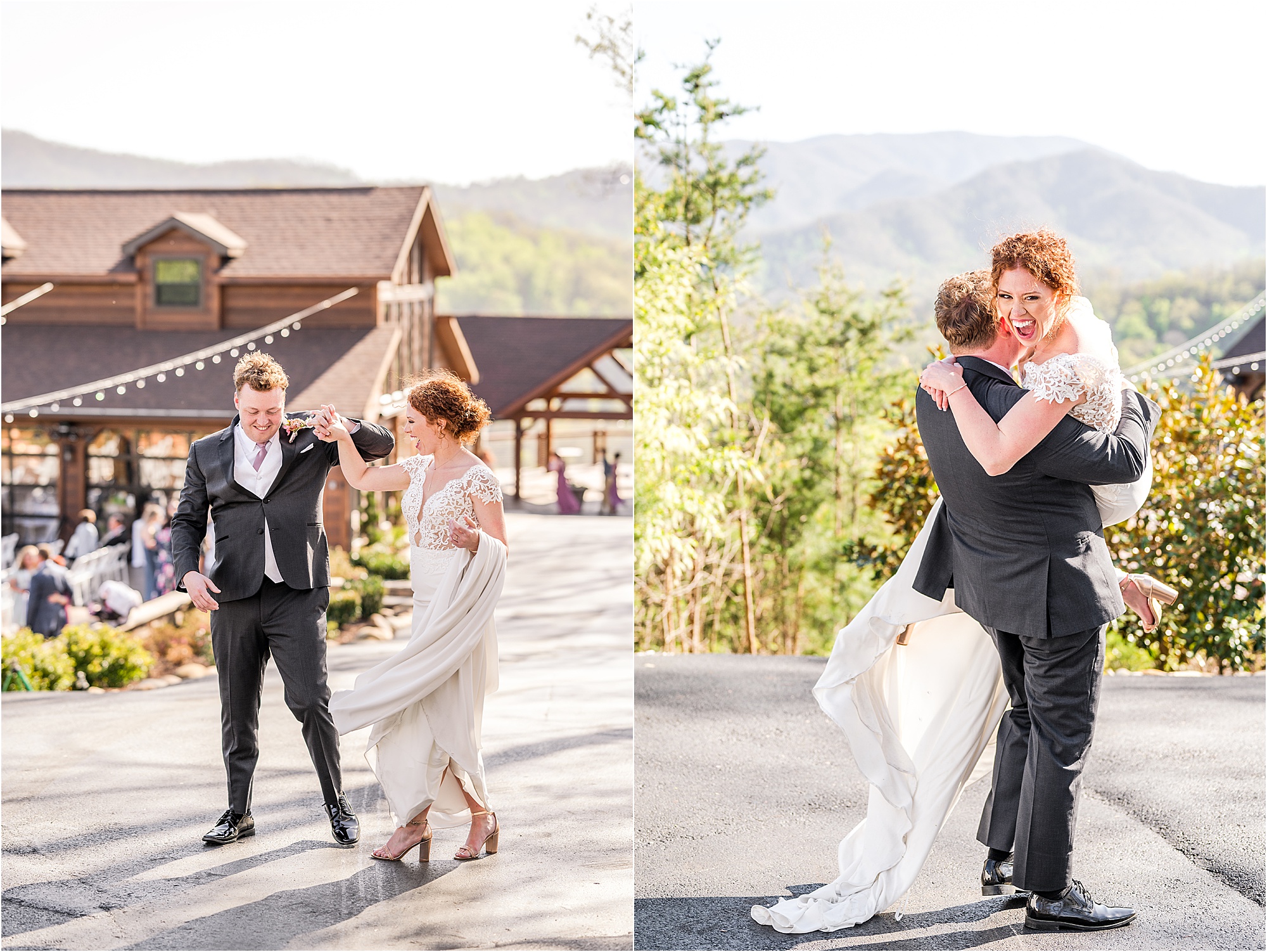 groom spins and picks up bride on wedding day