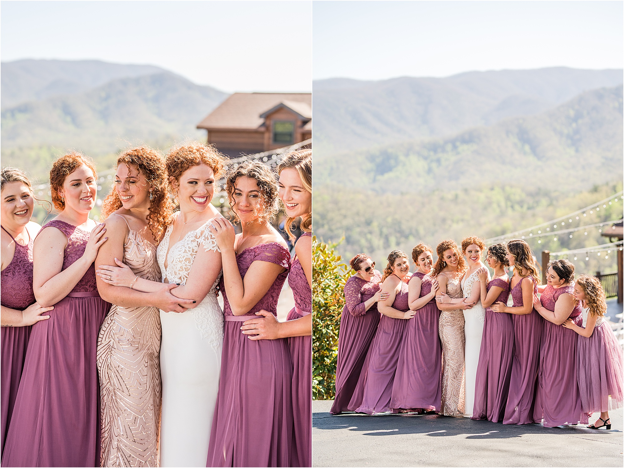 bride and bridesmaid photos in purple dresses