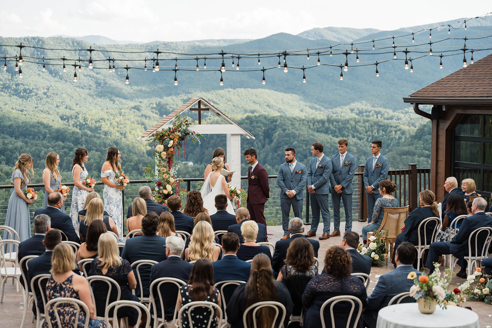 Open-air ceremony patio at The Magnolia Venue overlooking sweeping Smoky Mountain views