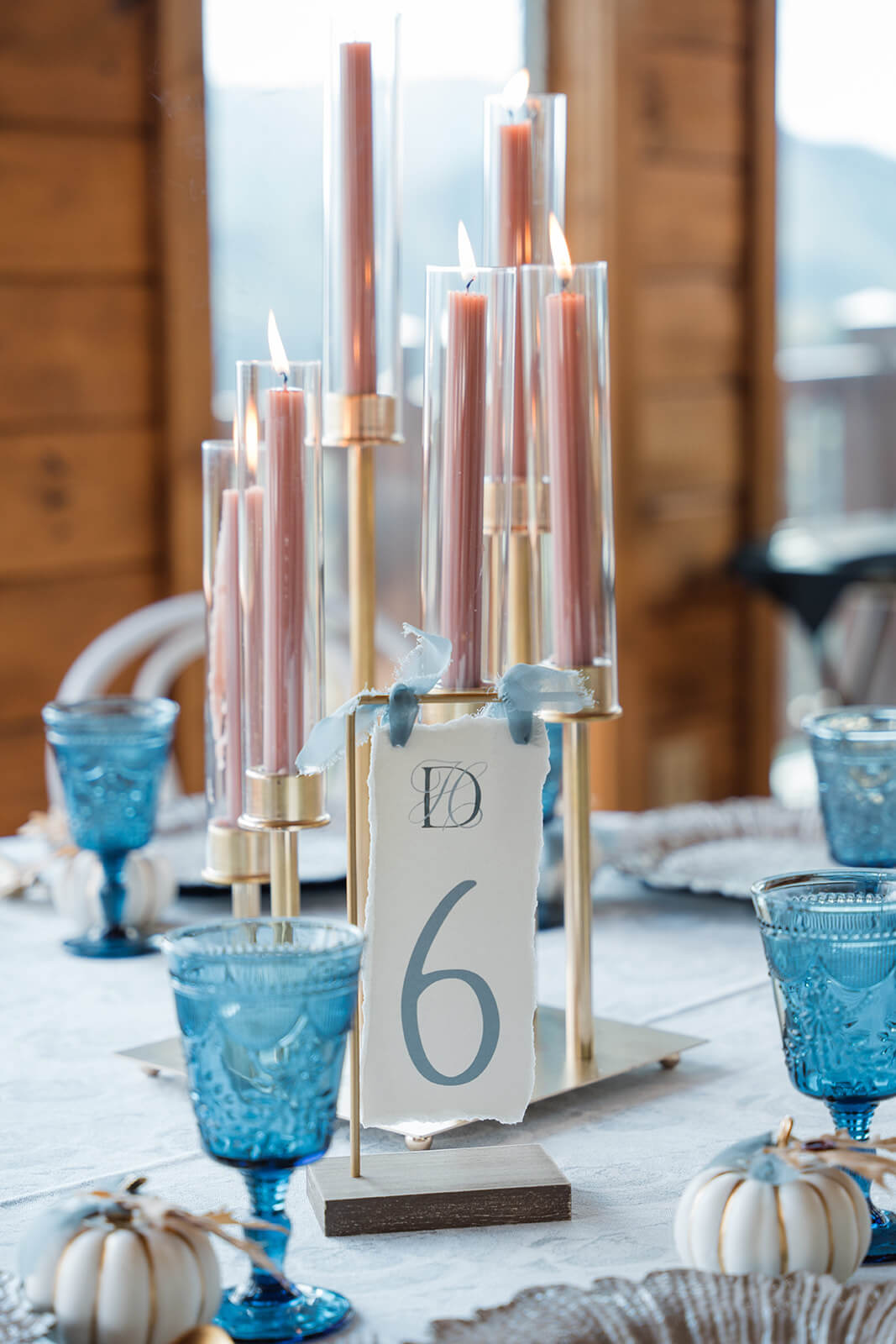 Hand-painted monogram and fall-inspired reception design at The Magnolia Venue, a Smoky Mountain wedding venue