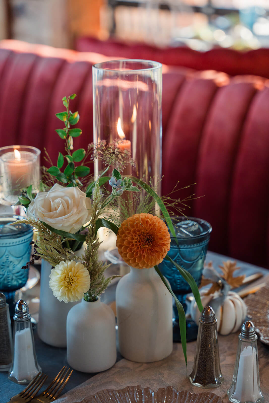 Hand-painted monogram and fall-inspired reception design at The Magnolia Venue, a Smoky Mountain wedding venue