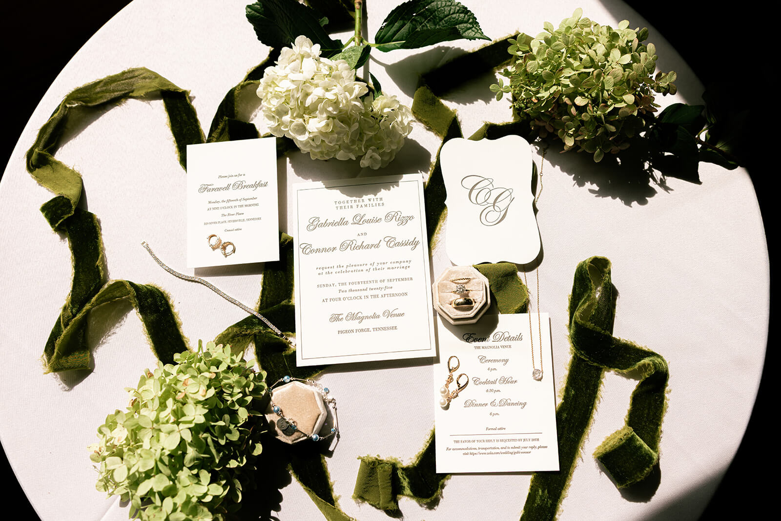 Invitations and details from a Modern Mountain Wedding in East Tennessee at The Magnolia Venue